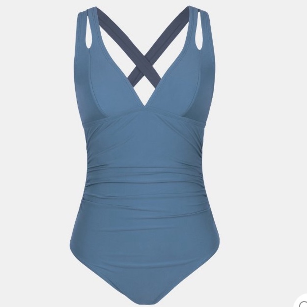 Cupshe V-Neck Side Ruching, Criss Cross Self Tie Back One Piece Swim Stone Blue - Picture 7 of 14